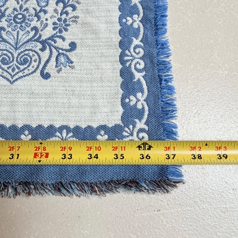 Vintage Blue White Folk Art Woven Table Runner Fringed Scandinavian Style 15x37